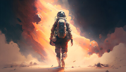 An astronaut travels through space in a new world © dengrin