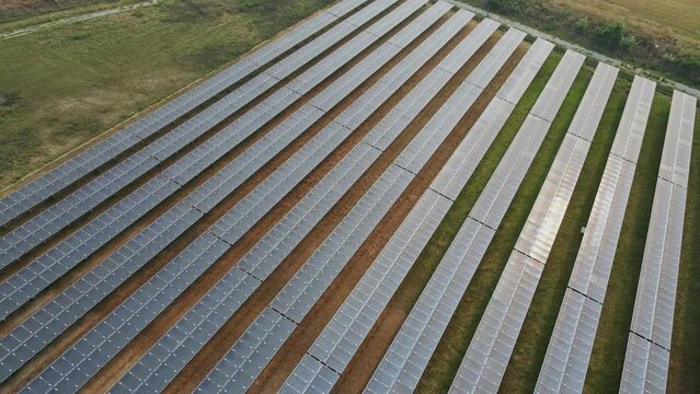 bird eye view of Solar cell farm power plant eco technology.landscape of Solar cell panels in a photovoltaic power plant.concept of sustainable resources.Aerial view to solar power plant.