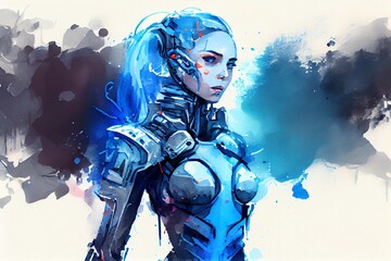 Watercolor Illustration of a Neon Blue Female Cyborg Robot As Artificial Intelligence Concept With Copy Space Illustration. Generative AI