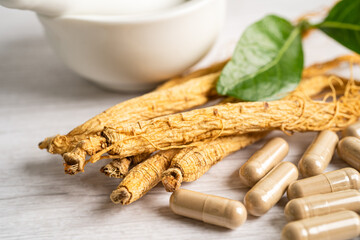 Ginseng, dried vegetable herb. Healthy food famous export food in Korea country.