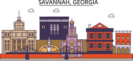 United States, Savannah tourism landmarks, vector city travel illustration - obrazy, fototapety, plakaty