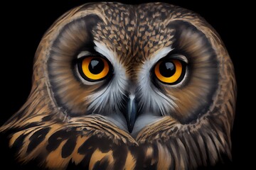 Watercolor Illustration of a Short Eared Owl, Close Up Of A Owl. Image Showing Close Up Of The Head And Yellow Eyes On A Short Eared Owl, Black Background. Generative AI