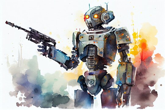 Watercolor Illustration of a Robot Is Armed, Protection Or Evil Robot With Gun, Humanoid Robot Artificial Intelligence. Generative AI