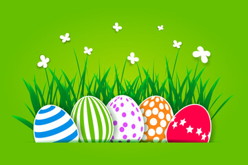 Paper cutout Easter eggs, green grass and butterflies. Easter background