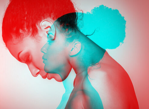 Young beautiful african american woman meditates or dreams, double exposure