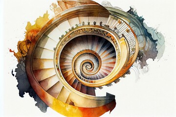 Watercolor Illustration of a Spiral Staircase Perspective. Art. Generative AI