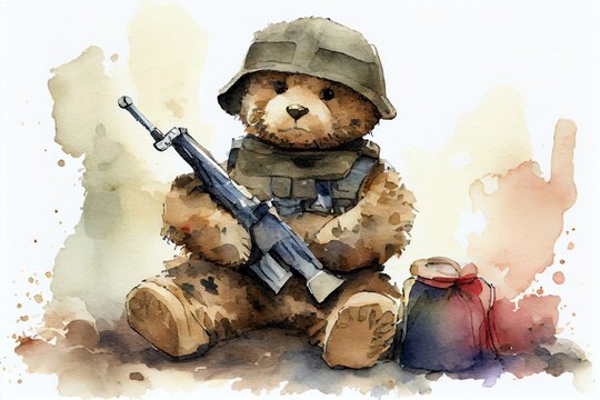 Watercolor Illustration of a Teddy Bear As American Soldier In War Holding A Machine Gun. Generative AI