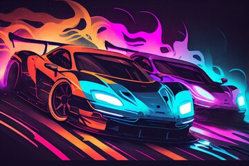 Obraz na płótnie Canvas Watercolor Illustration of a Three Supercars Racing In Neon Light Tunnel. Generative AI