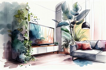 Watercolor Illustration of a Vertical Garden And Tv Screen In Modern Living Room, Plants In Luxury Interior. Generative AI