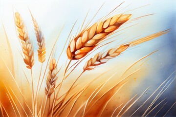 Watercolor Illustration of a Wheat Grain On Morning Background. Harvest Farm Macro Close Up. Generative AI