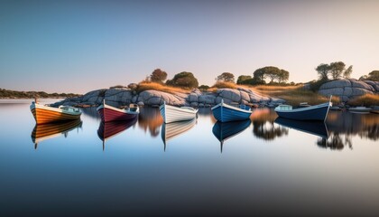 Cute colorful small fishing boats in the Norwegian fjord. Scandinavian inspired minimalism. Generative AI
