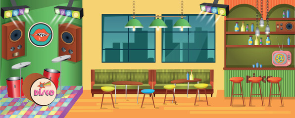 A coffee shop with a Japanese retro atmosphere. Cafe interior with coffee machine at cashier desk, refrigerator, chalkboard menu, tables with couches, bar and chairs. Cartoon vector illustration 1979s