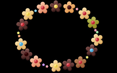 カラフルなお花のクッキーの楕円フレーム小 コピースペース有 黒背景 イラスト素材 色違い・差分あり