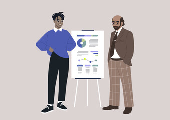 Data analysis and optimization, a character pitching a project printed on a flip chart