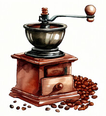 Retro coffee grinder for grinding beans. Old retro hand-operated wooden coffee mill. Generative AI, watercolor style art