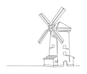 Continuous one line drawing of old vintage wind mill. simple old turbine tower outline vector illustration.