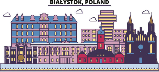 Poland, Bialystok tourism landmarks, vector city travel illustration