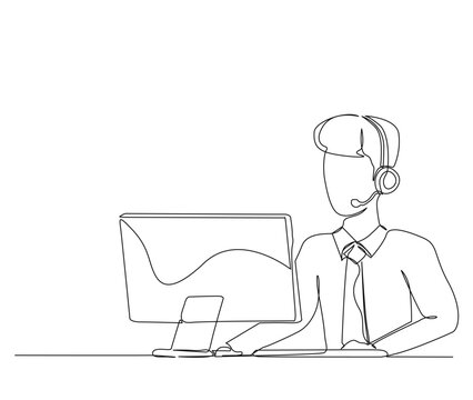 Continuous one line drawing of young man sitting in front of a computer with a headset. simple customer serive worker outline vector illustration.