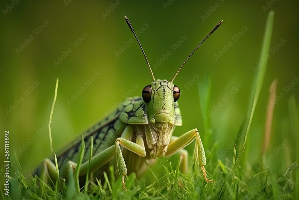 Poster small hopping grasshopper on green grass, created with generative ai