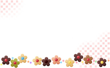 一列に並んだカラフルなお花のクッキー スクエアドット背景 イラスト素材 色違い・差分あり