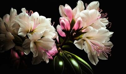  a close up of a bunch of flowers with leaves on a black background with a black background and a white and pink flower in the center.  generative ai