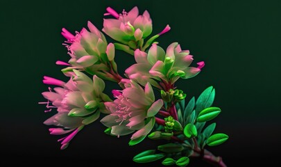  a close up of a flower on a branch with green leaves on a dark background with a green back ground and a green back ground.  generative ai
