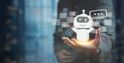 AI Artificial Intelligence and conversational chatbots businesses digital technology interact with applications, including customer service, sales and marketing and big data virtual screen.