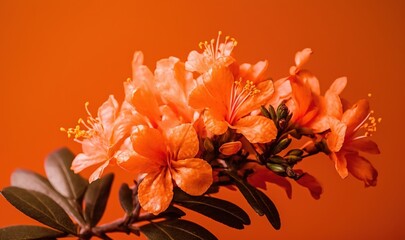 Fototapeta na wymiar a close up of a bunch of flowers on a branch with leaves on an orange background with a red wall in the backround. generative ai