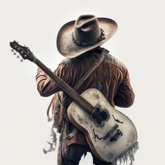 Cinematic cowboy playing guitar with incredible detail in 8K on white background by Marcin Nagraba and Rebecca Millen - a Western delight! , Generative ai - obrazy, fototapety, plakaty