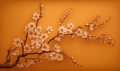 a branch of a tree with white flowers on an orange background with a brown background and a yellow background with a brown border with a branch with white flowers. generative ai