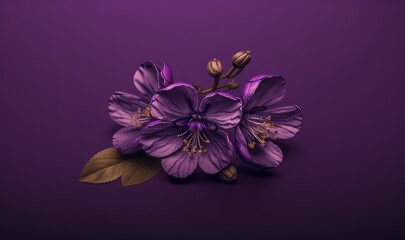 Obraz na płótnie Canvas a purple flower on a purple background with leaves and stems in the center of the image is a single purple flower on a purple background with leaves and stems in the middle. generative ai