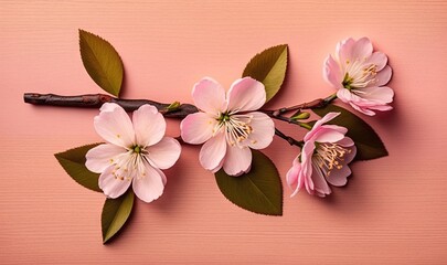  a branch of pink flowers with green leaves on a pink background with copy - space for writing or writing on the left side of the image.  generative ai