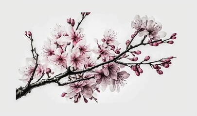  a branch with pink flowers on it against a white background with a black and white photo of a branch with pink flowers on it against a white background.  generative ai