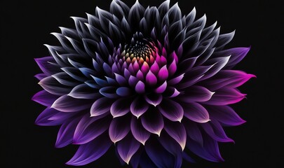  a purple flower with a black background is seen in this image of a large flower with purple petals on it's center and a black background is seen from above.  generative ai