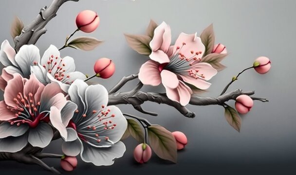  a painting of flowers on a branch with leaves and buds on a gray background with a black background and a white and pink flower on the branch.  generative ai