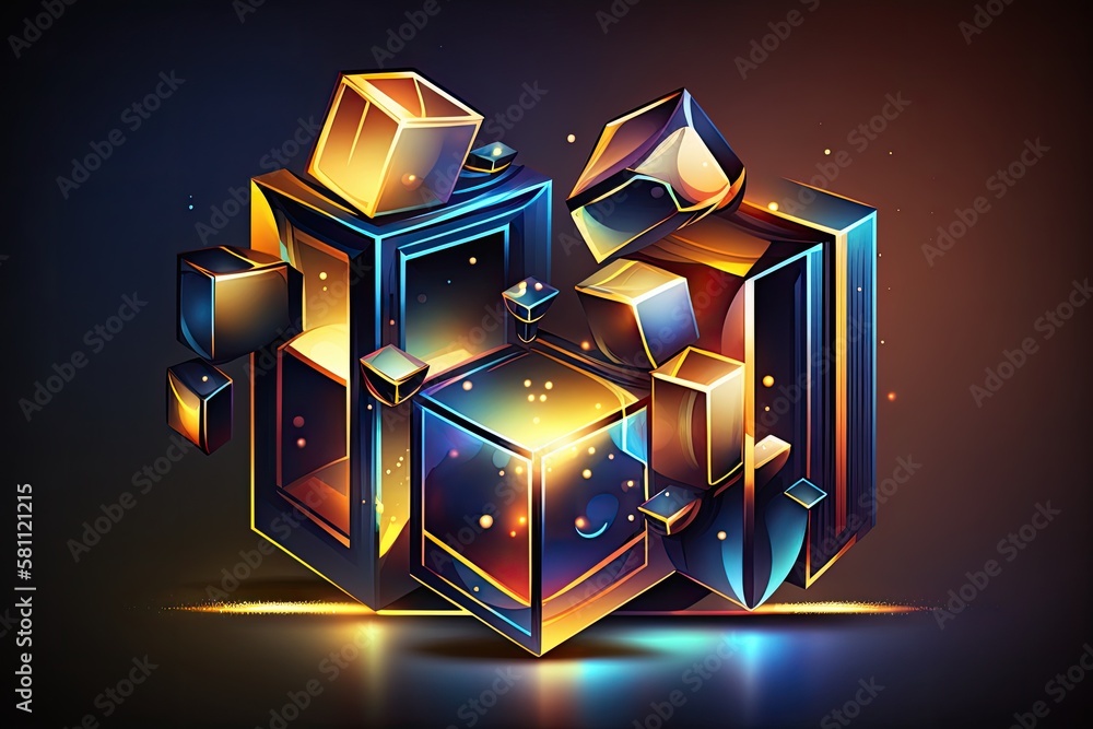 Poster glowing cubes abstract background with dark backdrop. combining cubism and digital styles. generativ