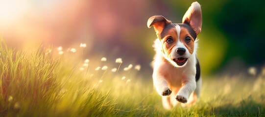 Active happy pet dog puppy running in the grass in summer, web banner with copy space. Generative AI.