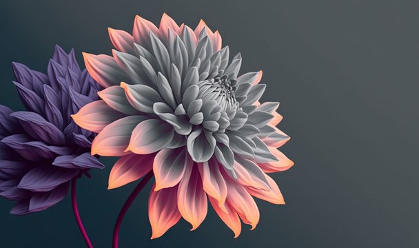  a close up of two flowers on a black background with a gray background and a pink and purple flower in the middle of the picture.  generative ai