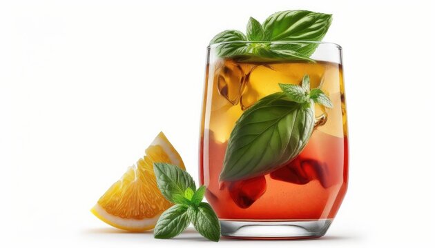 A refreshing glass of strawberry lemonade with basil and honey on White Background with copy space for your text created with generative AI technology