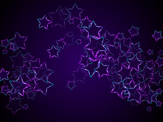 Neon luminous stars music vector background. Violet led magic New Year sparkles.