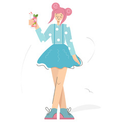 The girl is holding a glass with a fruit cocktail. Vector illustration. Young woman drinking mojito with strawberries. Concept art in flat style.