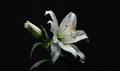  a white flower with green leaves on a black background with a black back ground and a black back ground with a black back ground with a white flower and green leaves.  generative ai