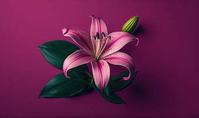  a pink flower with green leaves on a purple background with a green bud on the center of the flower and a green bud on the end of the flower.  generative ai