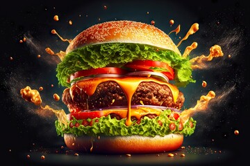 double aetizing burger with flowing juicy sauce, tomato slices and green lettuce, created with generative ai - obrazy, fototapety, plakaty