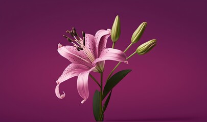  a pink flower with green leaves on a purple background with a pink background and a purple background with a pink background and a pink background with a.  generative ai