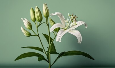  a white flower is in a vase on a table with a green wall in the background and a green wall in the foreground with a light green background.  generative ai