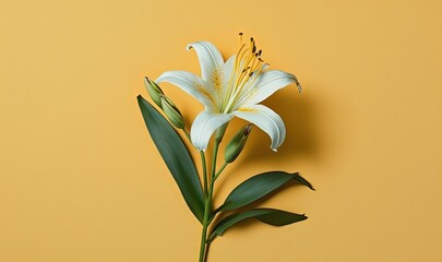  a white flower on a yellow background with green leaves on the stem and a bee on the flower stem on top of the flower stem.  generative ai