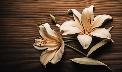  two white flowers on a wooden surface with a brown background and a black background with a white stripe in the middle of the image and a brown stripe in the middle.  generative ai