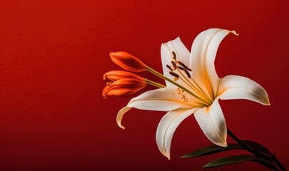  a white and orange flower on a red background with a red wall in the back ground and a red wall in the back ground behind it.  generative ai