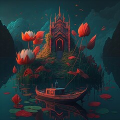 Boat in the water with lotus - obrazy, fototapety, plakaty
